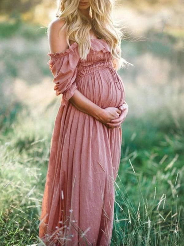 boho off the shoulder maternity dress Momyknows Solid Color Bohemian Off Shoulder Backless Ruffle 2 piece set Photoshoot Maternity Maxi Dress, White / L