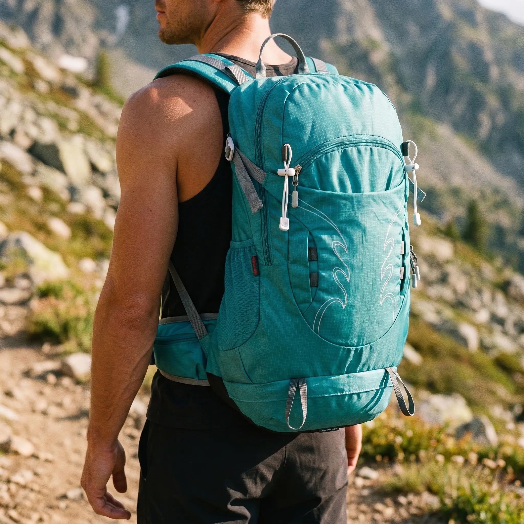 7.9gal Hiking Backpack - For Men - Breathable Mesh Back - Adjustable Straps - Multiple Compartments