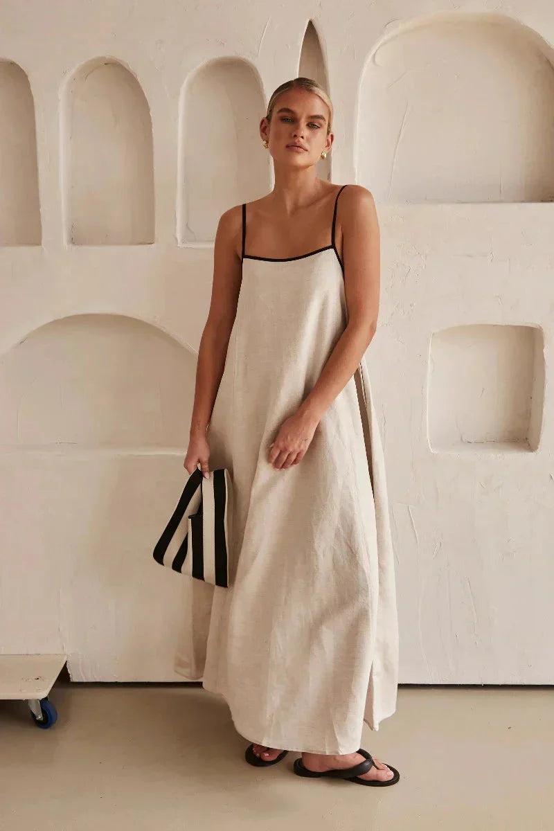 beige maxi dress boho | Linen Blend | Loose Fit | Sleeveless Colour:French Blue