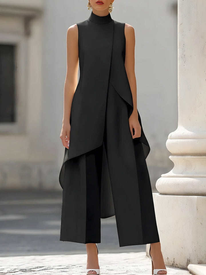 Women's Two-Piece Asymmetric Top and Wide-Leg Pants Set in black, another view.