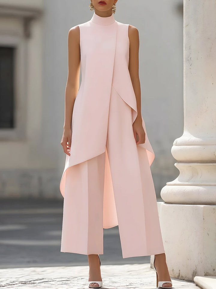 Women's Two-Piece Asymmetric Top and Wide-Leg Pants Set in blush pink, another view.