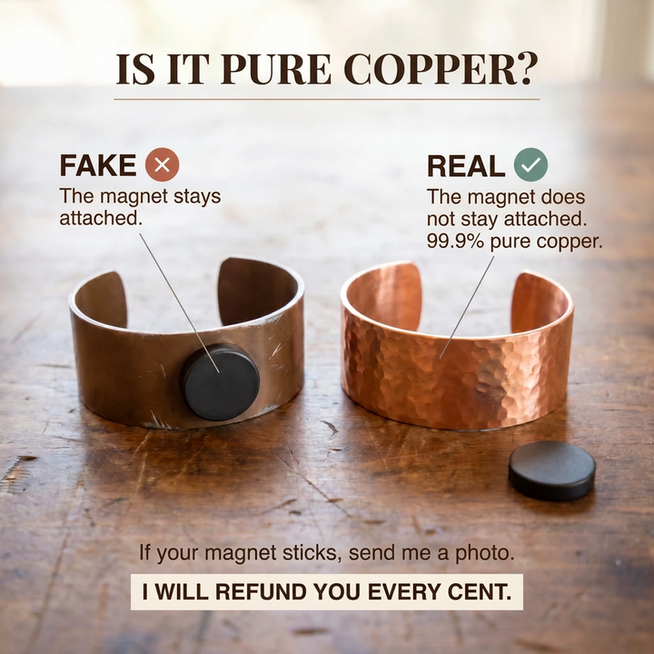 Infographic comparing two copper cuffs, one with a magnet stuck and one hammered cuff without 4