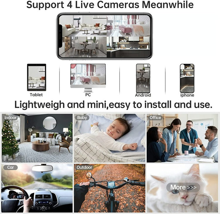 Mini HD Security Camera phone screen showing four live camera feeds and example uses
