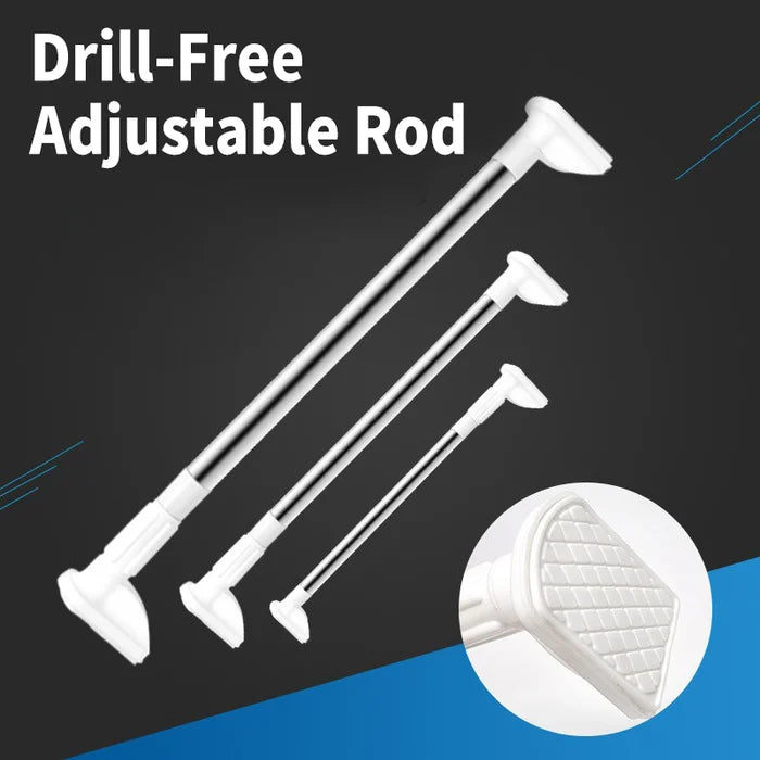 Silver stainless-steel tension rods in short, medium and long lengths with white end caps and a close-up detail