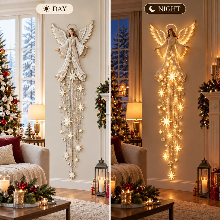 Side-by-side day and night views of the angel wall light, unlit and glowing warm white