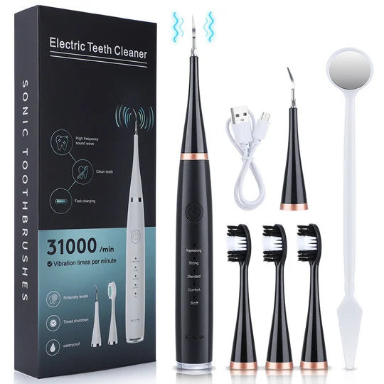 Black version with copper-colored rings laid out with its box, three black brush heads, scaler tip, USB charging cable and dental mirror.