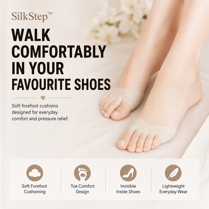 Beige silicone forefoot cushions with five toe openings, shown on bare feet.