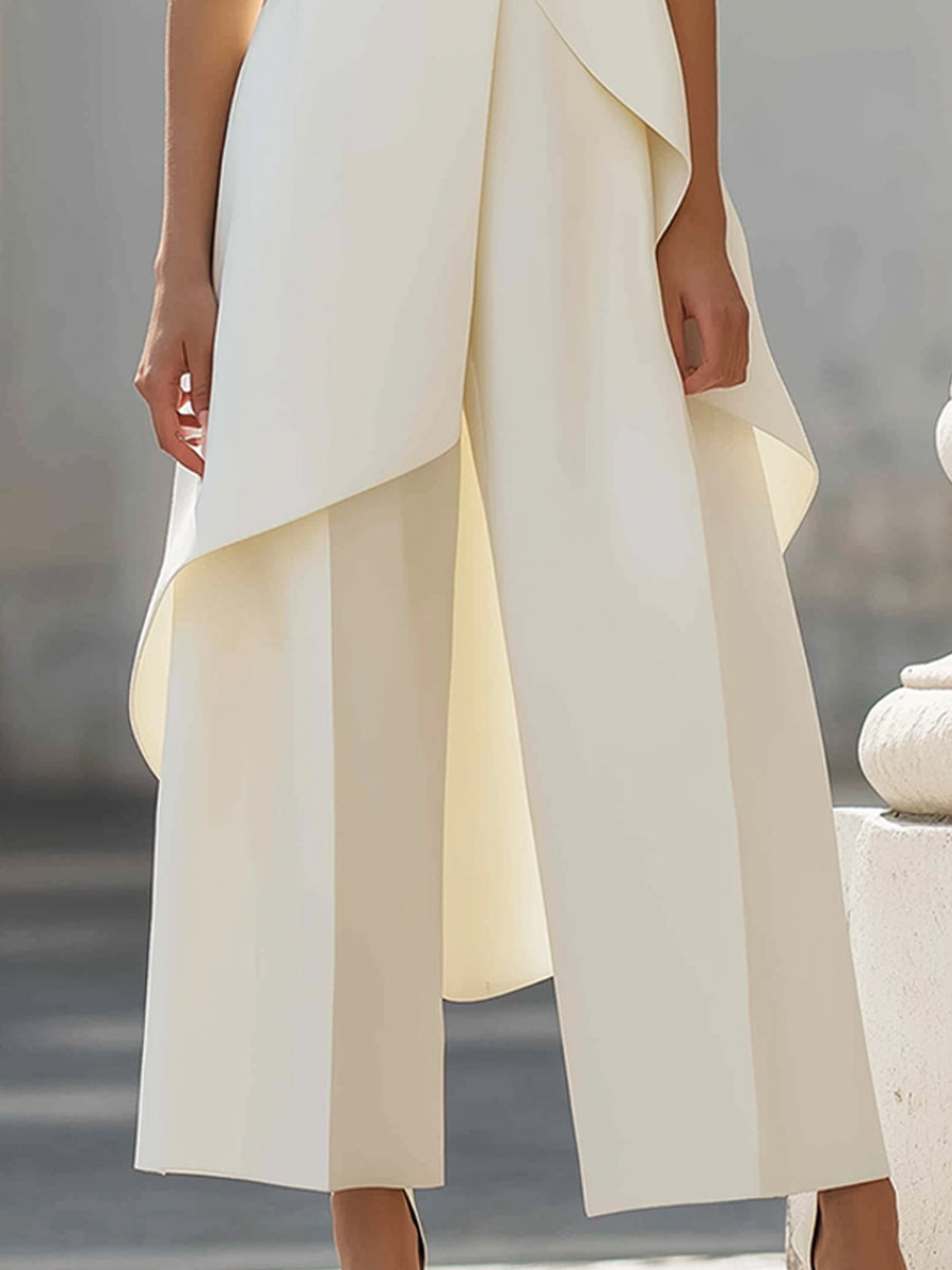 Close-up of the cream Women's Two-Piece Asymmetric Top and Wide-Leg Pants Set wide-leg pants.