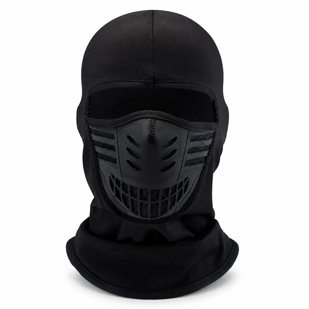 Front view of an all-black balaclava with a rubbery vented mouth panel and mesh side strips 7
