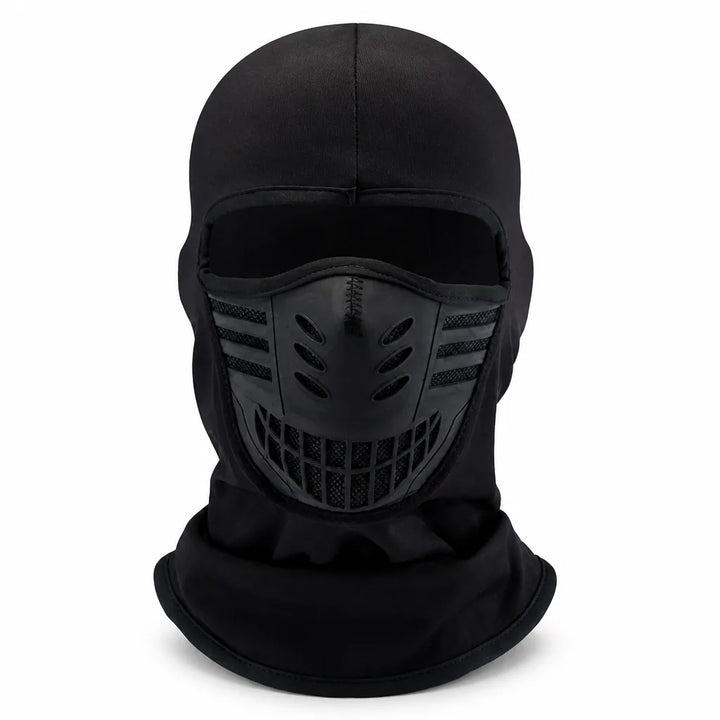 Front view of an all-black balaclava with a rubbery vented mouth panel and mesh side strips 7