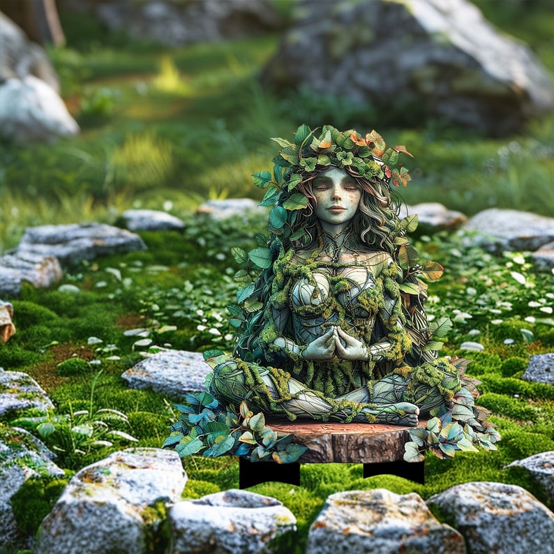 Fairy Tale Acrylic Garden Stake with a meditating nature spirit on a wooden slab detail
