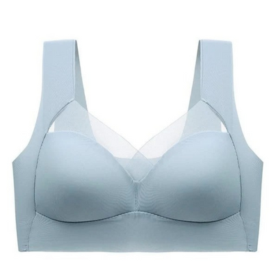 Single light blue seamless bra laid flat, showing wide straps and a sheer mesh V-neckline 13