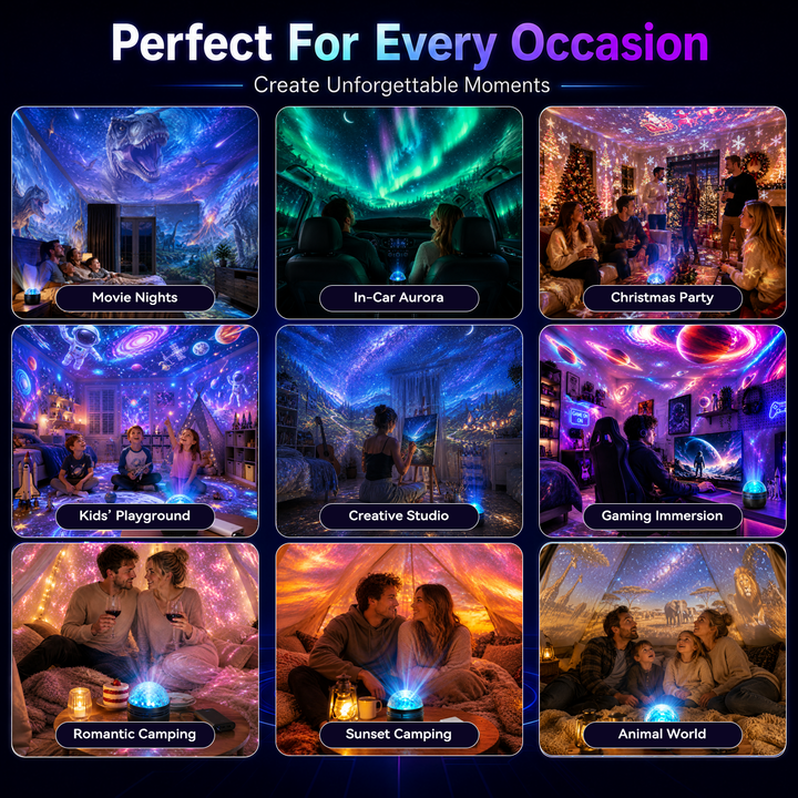 Black dome projector in nine room scenes with different uses.