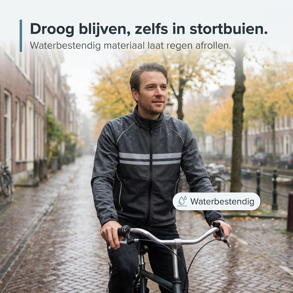 Man riding a bicycle along a wet cobblestone canal street wearing the dark jacket with raindrops beading on it.