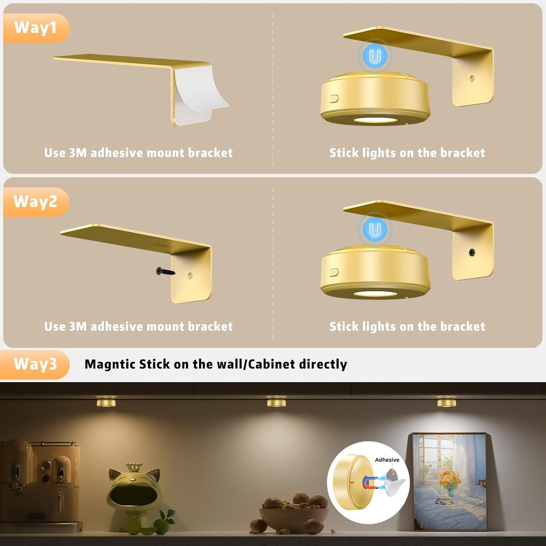 Diagram of three mounting methods: adhesive bracket, screw-mounted bracket, and sticking the magnetic light directly to a wall or cabinet. 8