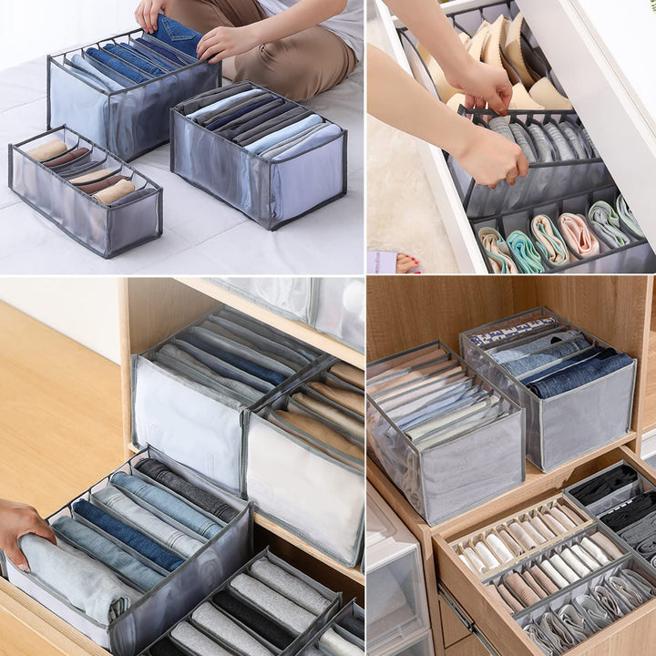 Gray mesh divider organizers holding neatly folded clothes in drawers and on a bed.