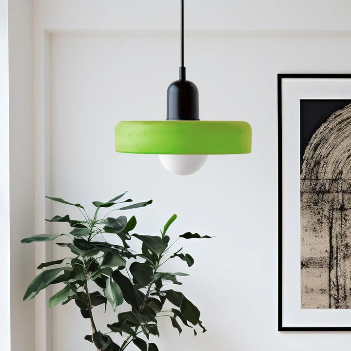 Bauhaus Stained Glass Pendant Lamp with a green disc shade and a black cap