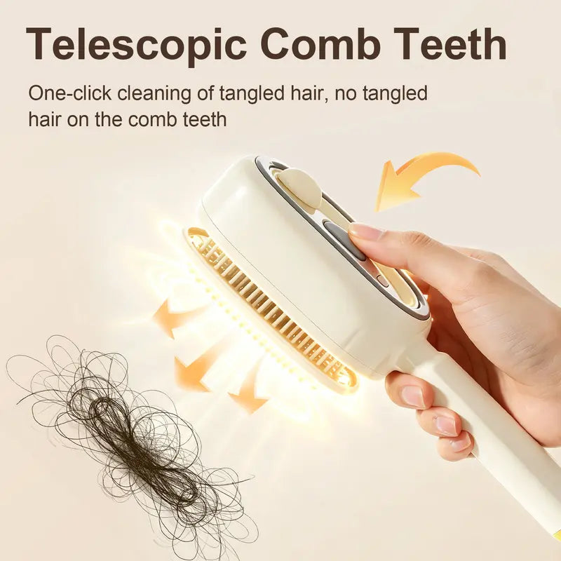 Hand pressing the top button as the comb teeth retract, with a clump of tangled hair falling away beside the glowing teeth. 6