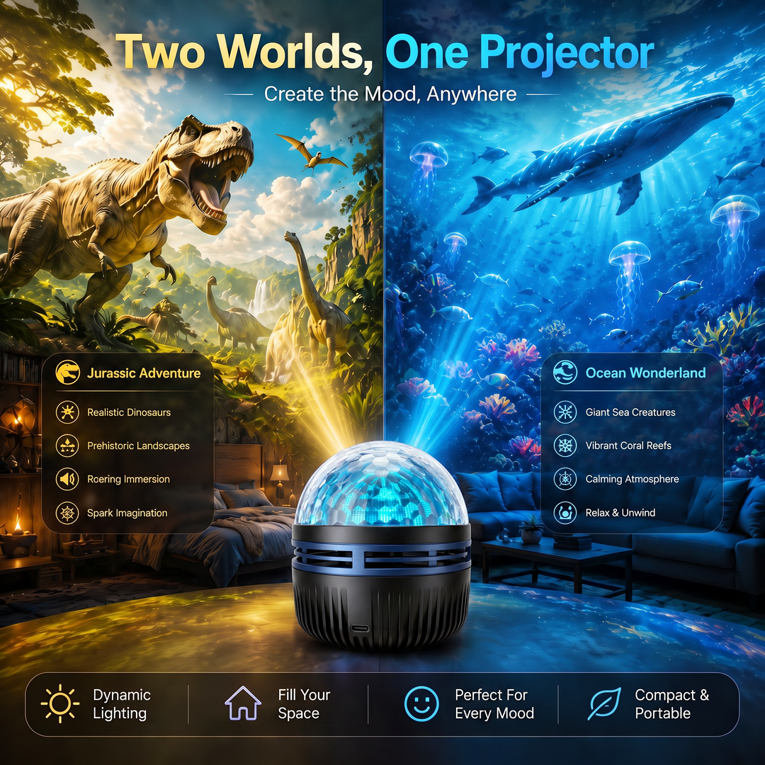 Black faceted-dome projector with galaxy and ocean scene options.