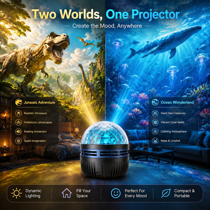 Black faceted-dome projector with galaxy and ocean scene options.
