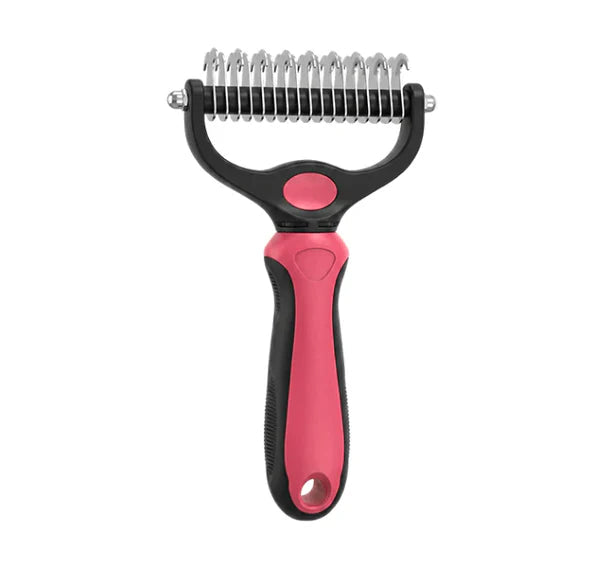 Pink and black rake angled to show the curved side of the metal teeth 13
