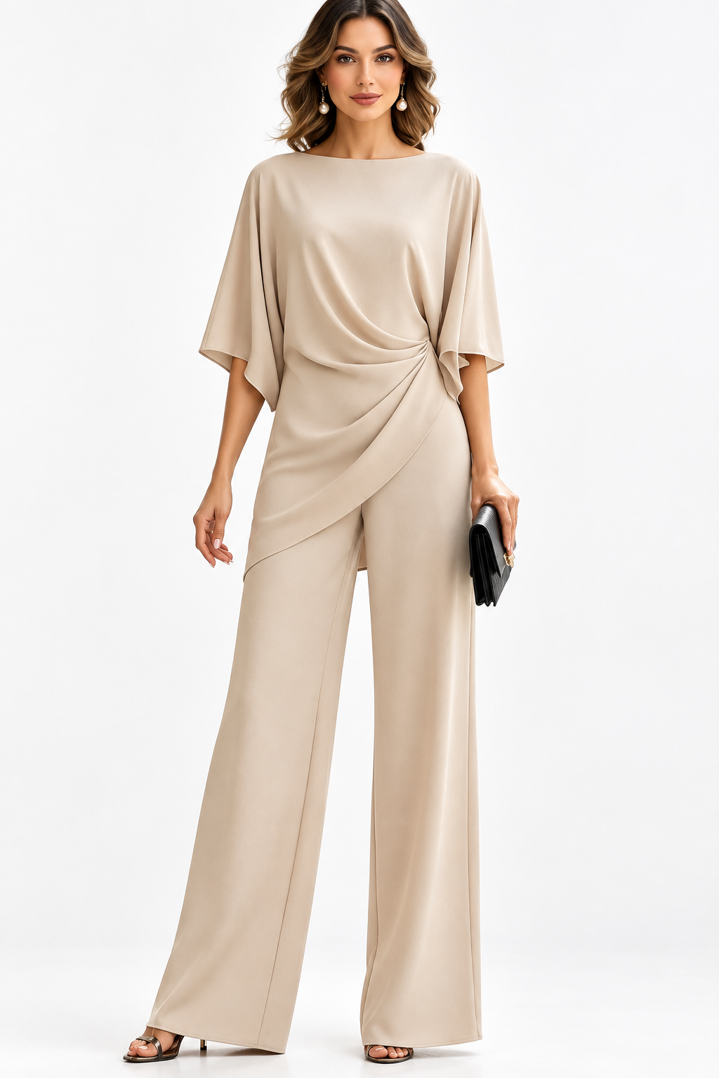Women's Draped Waist Two Piece Set in soft beige, detail of the draped batwing top and wide-leg pants