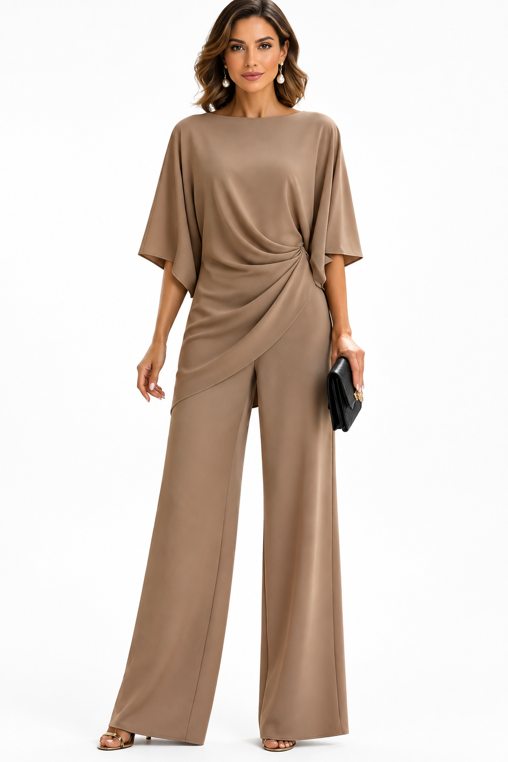 Women's Draped Waist Two Piece Set in mocha brown, detail of the draped side detail and wide-leg pants