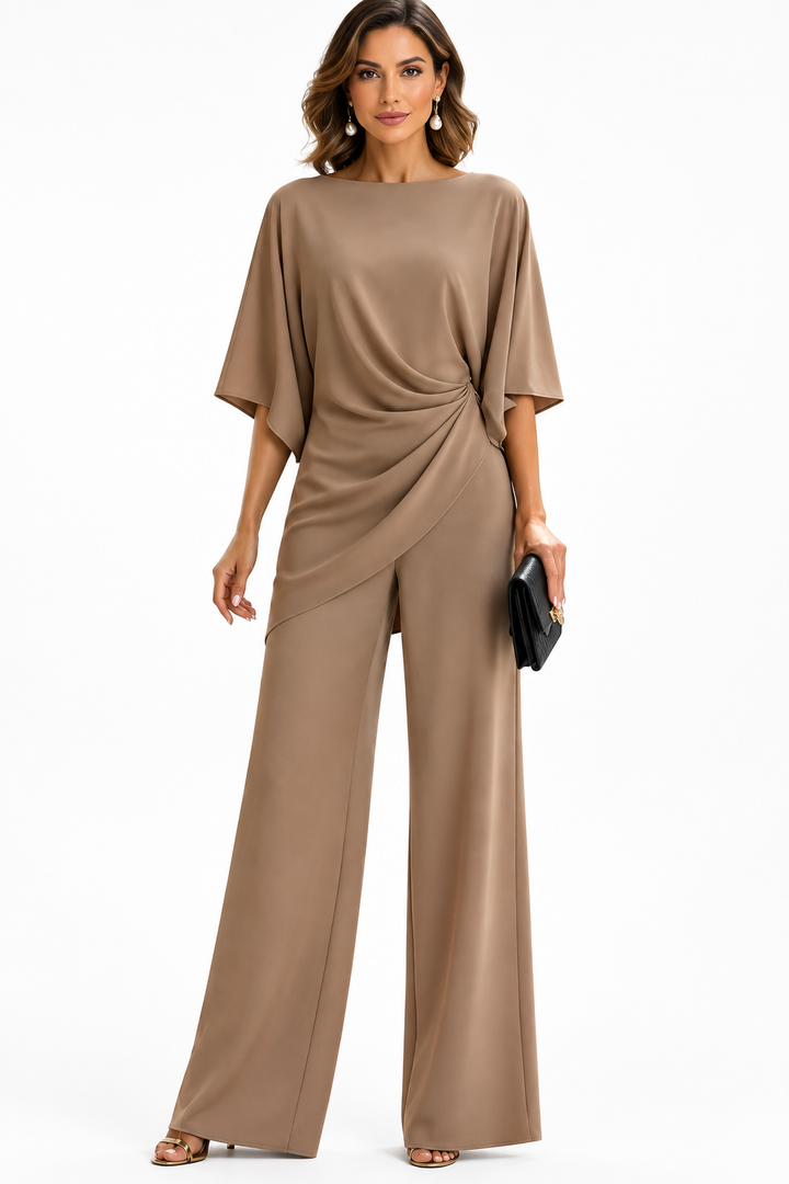 Women's Draped Waist Two Piece Set in mocha brown, detail of the draped side detail and wide-leg pants