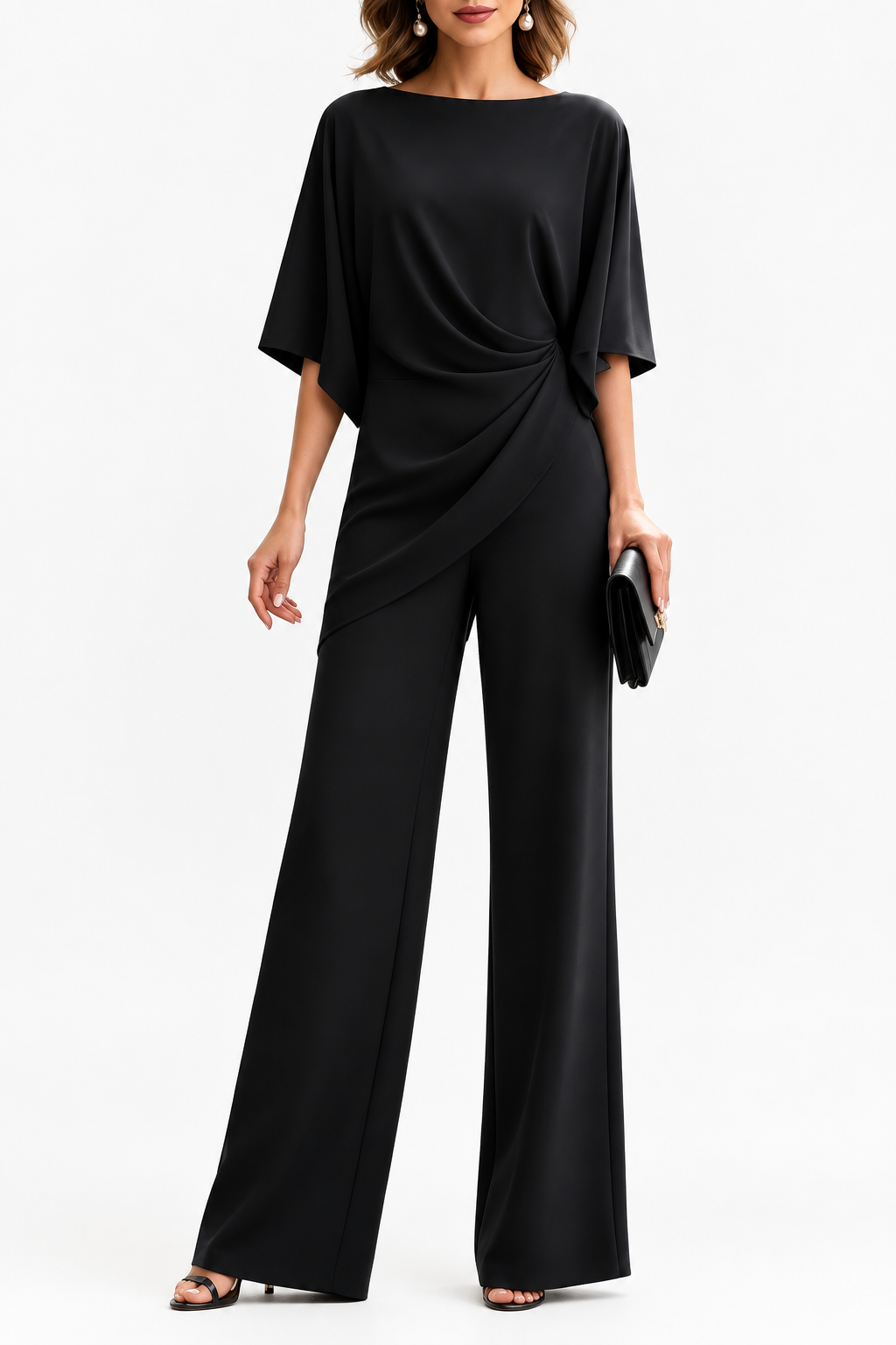 Women's Draped Waist Two Piece Set in black, detail of the draped waist top and wide-leg pants