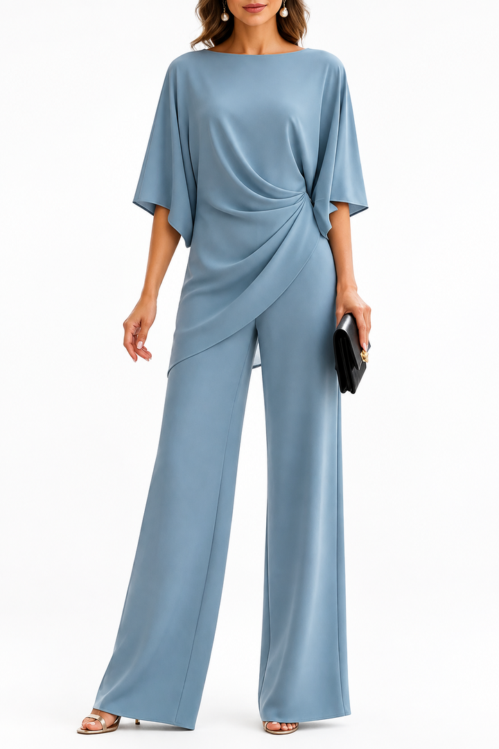 Women's Draped Waist Two Piece Set in dusty blue, detail of the gathered side drape and wide-leg pants