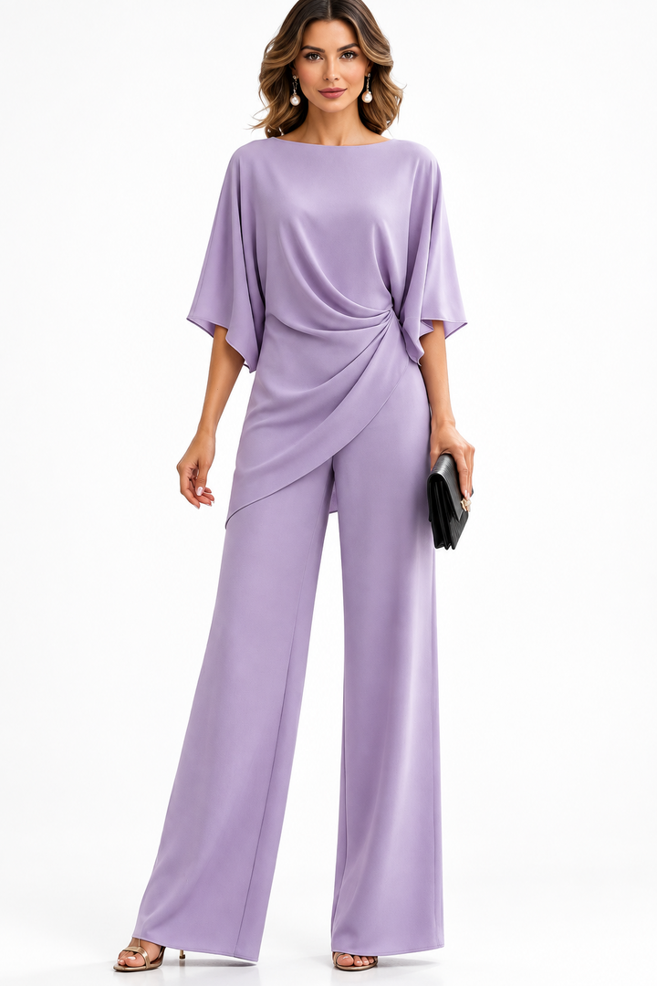 Women's Draped Waist Two Piece Set in lilac purple, detail of the gathered waist drape and wide-leg pants