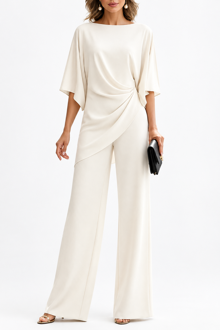 Women's Draped Waist Two Piece Set in ivory, detail of the draped asymmetric top and wide-leg pants