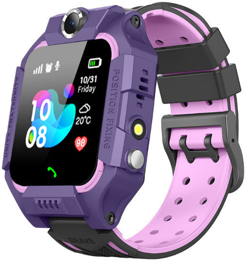 Rugged purple and pink kids smartwatch with a black buckle, perforated two-tone strap, front camera and colorful clock face on the screen. 10