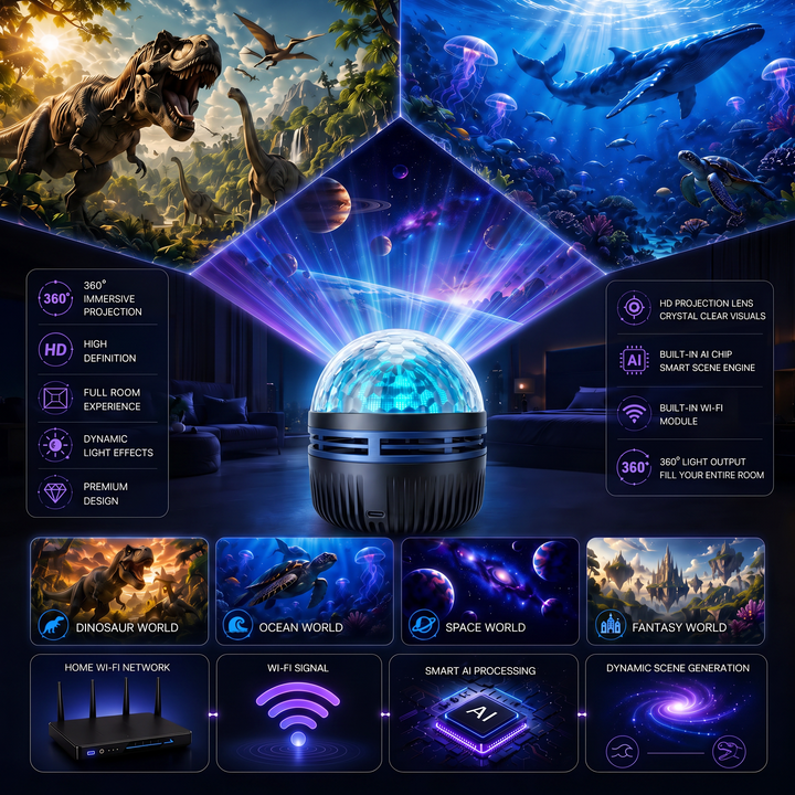 Projector with dinosaur, ocean, space and fantasy scenes around it.