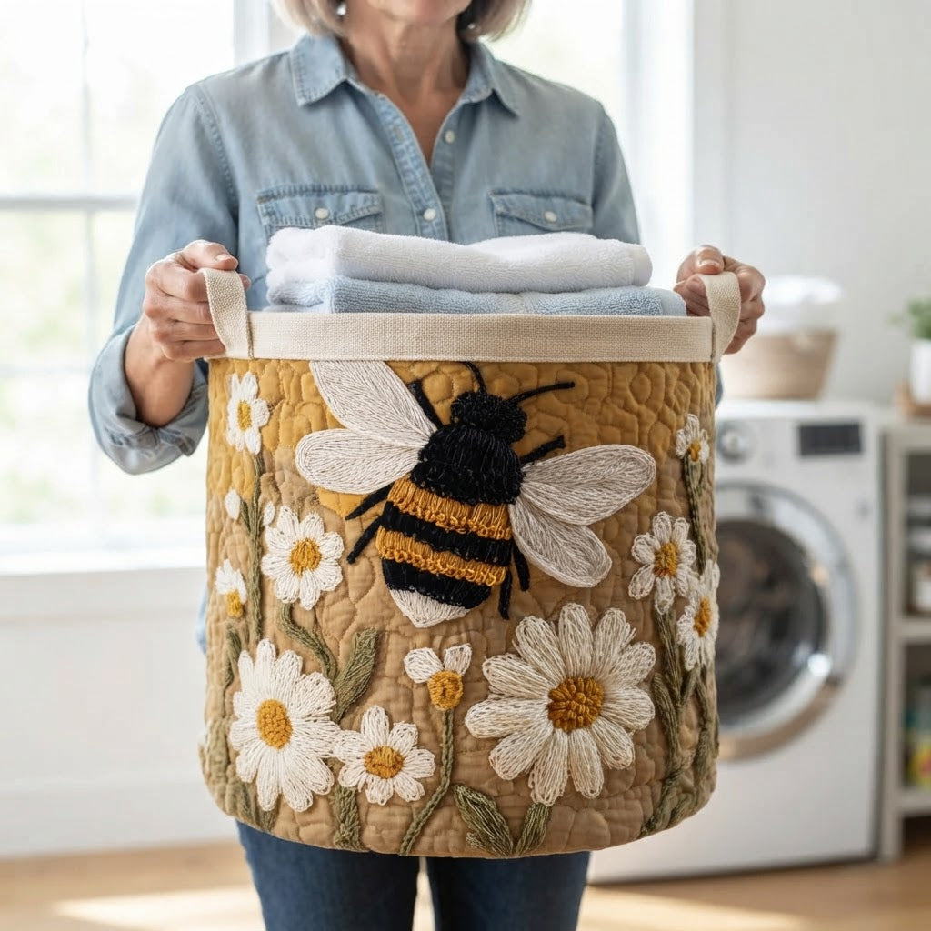 Another view of a woman carrying the quilted laundry basket by its canvas handles, filled with towels.
