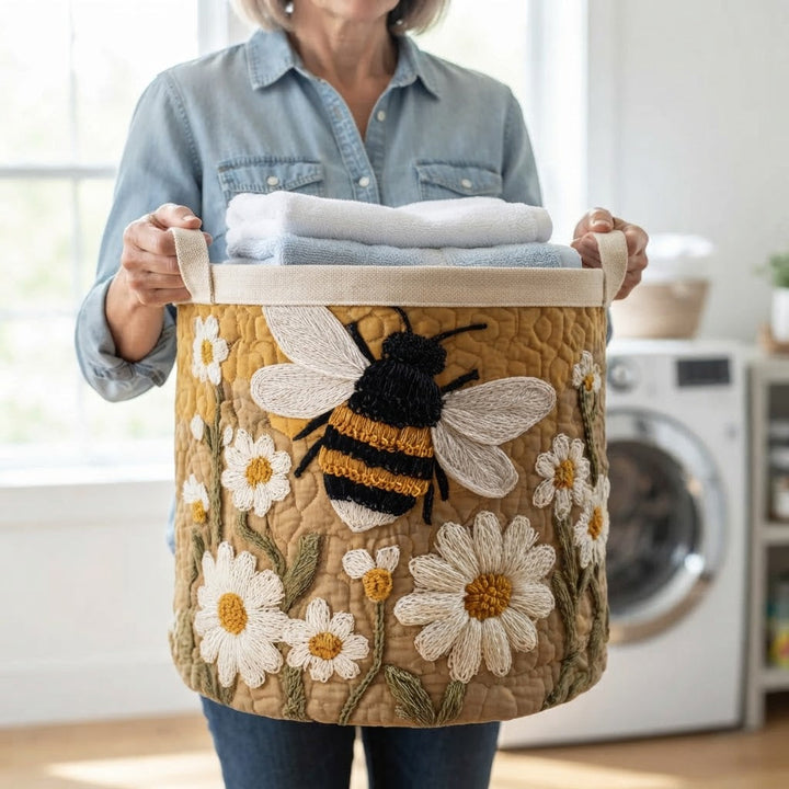 Another view of a woman carrying the quilted laundry basket by its canvas handles, filled with towels.