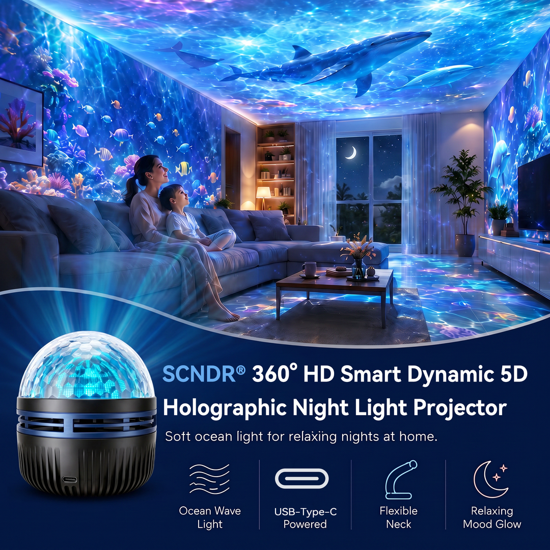Black dome projector under a blue ocean-wave projection.