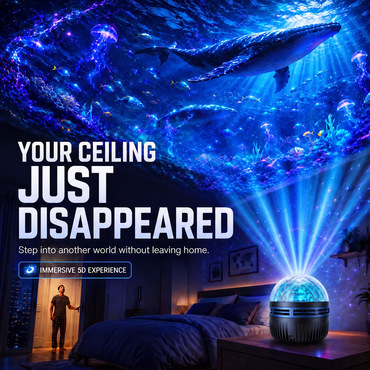 Black dome projector projecting a blue whale and jellyfish scene.