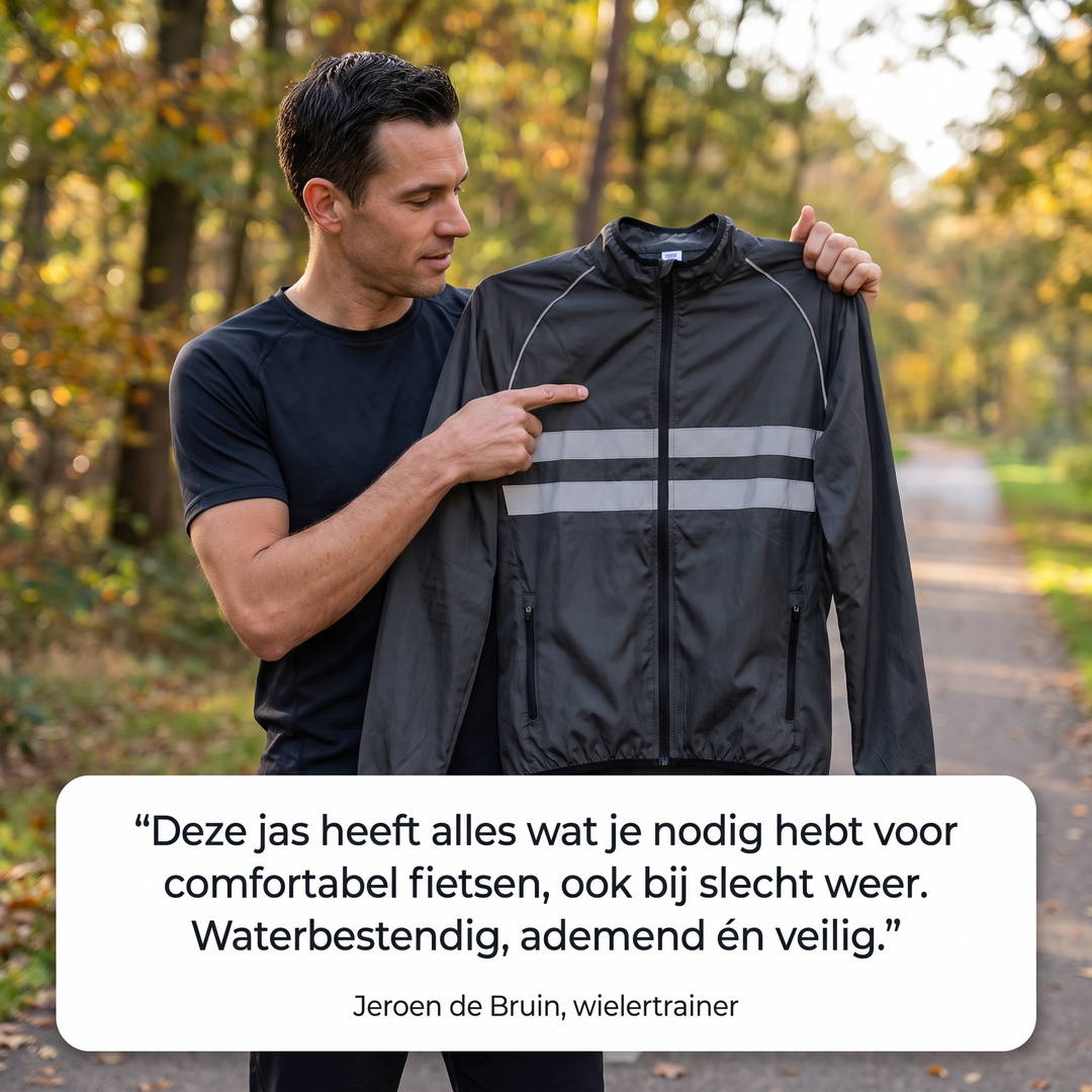 Man in a sunny autumn forest holds up the dark jacket by the shoulders and points at its reflective stripes.