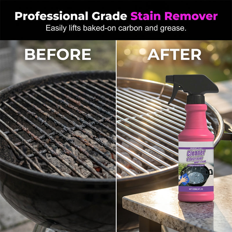 Before-and-after view of a round charcoal grill grate with the spray bottle.