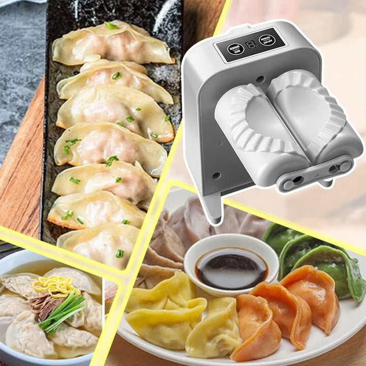 Collage showing the machine's two ribbed molding rollers beside pan-fried, boiled, and colorful dumplings served with dipping sauce. 5