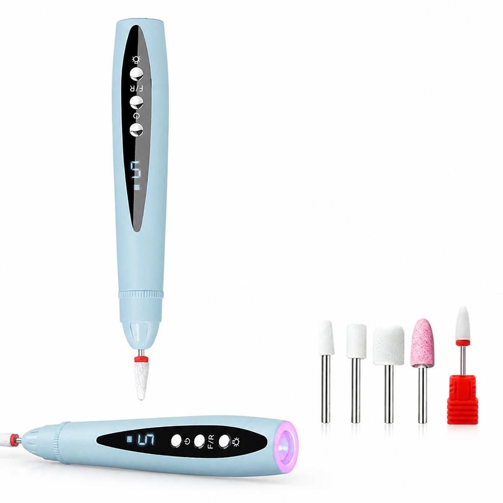 Light blue version of the drill upright and lying flat with its UV light glowing, next to five interchangeable sanding bits. 7