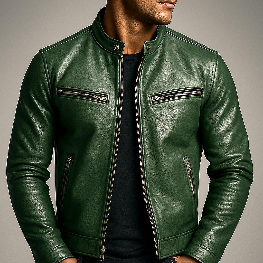 Man wearing the green leather jacket unzipped over a black T-shirt, showing the snap collar and gold-toned zippered chest pockets. 1