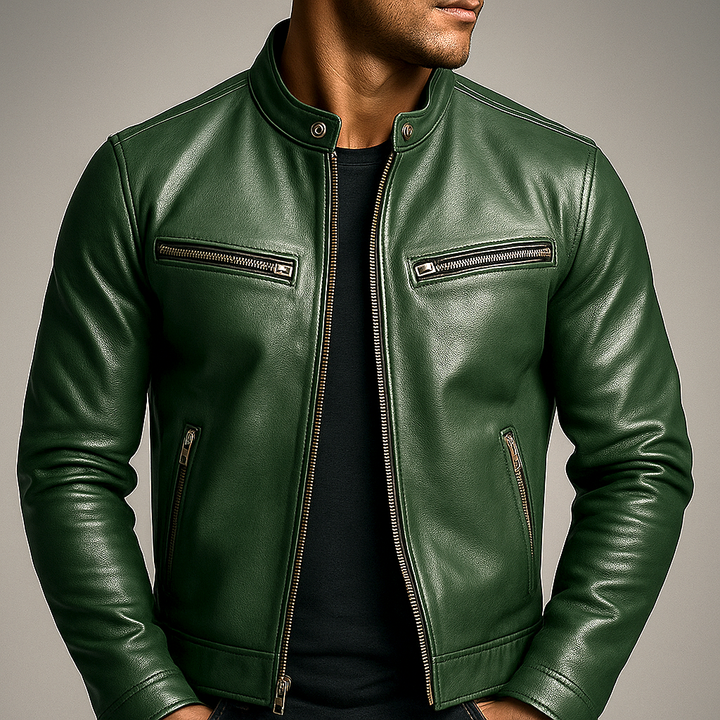 Man wearing the green leather jacket unzipped over a black T-shirt, showing the snap collar and gold-toned zippered chest pockets. 1