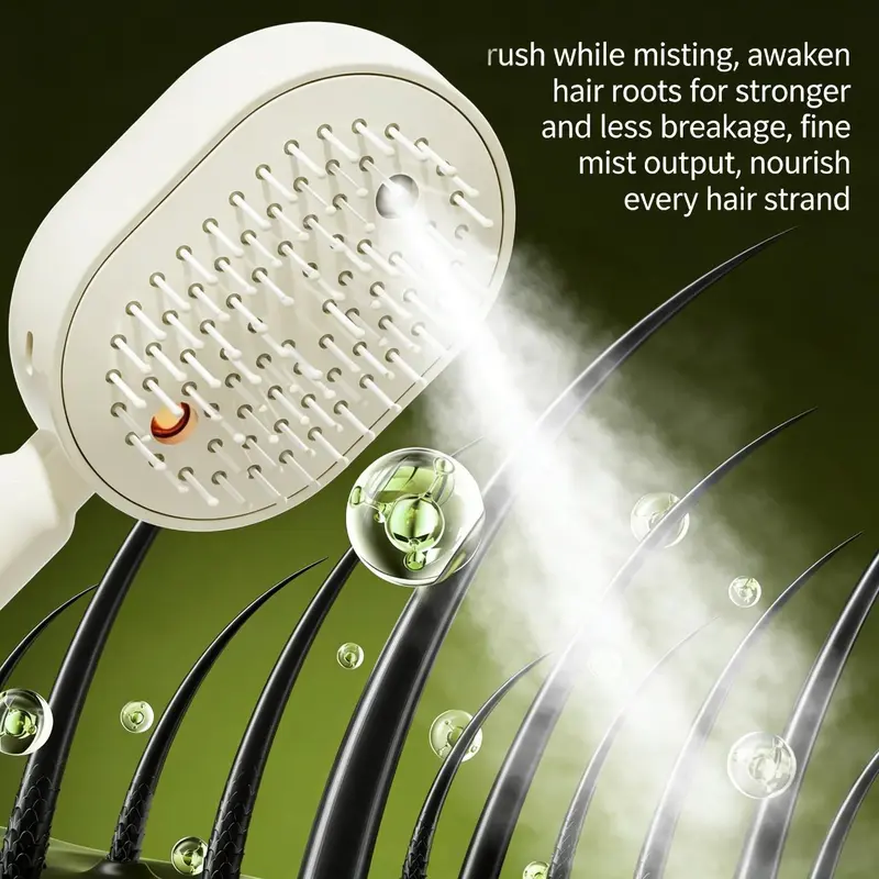 Back of the comb head spraying fine mist over illustrated dark hair strands, with droplets and a glowing red light on the bristle side. 3