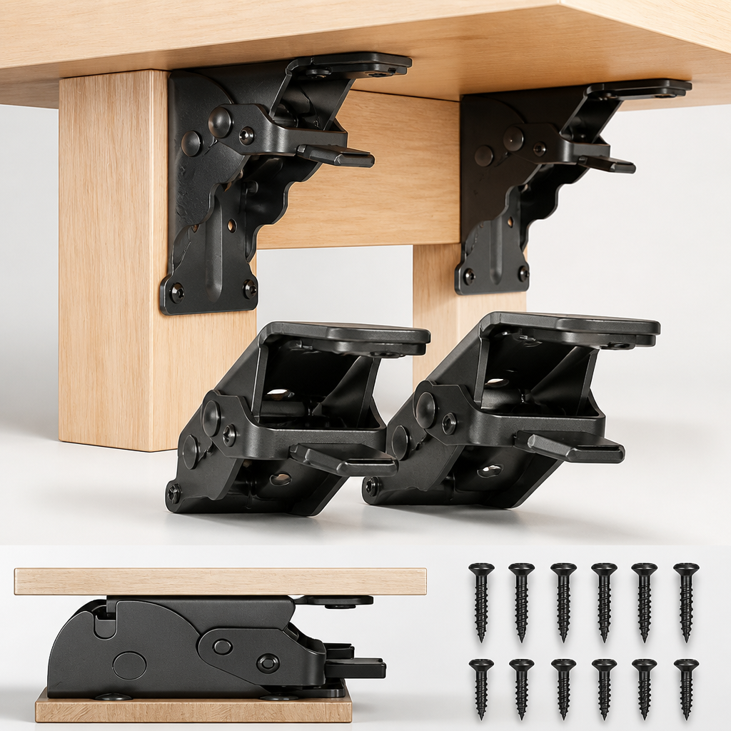 Black folding brackets mounted under a wooden tabletop and table leg, with two folded below and twelve screws.