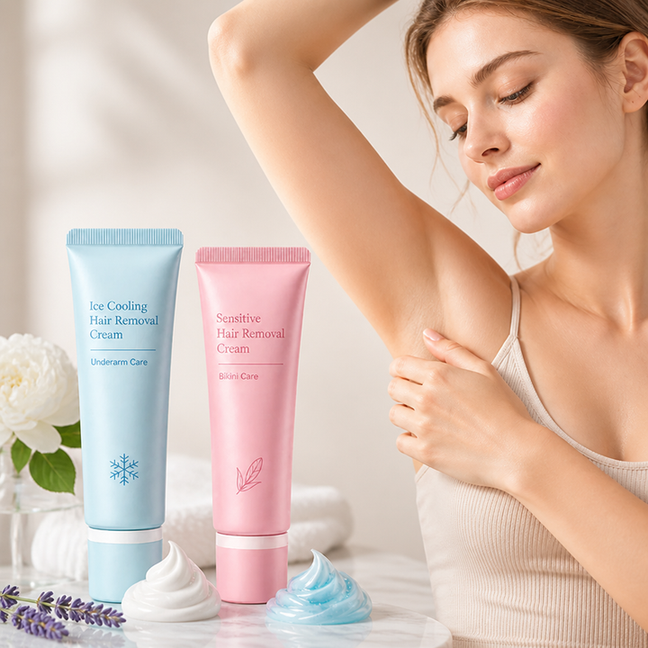 Blue and pink hair removal cream tubes beside dollops of cream and flowers.