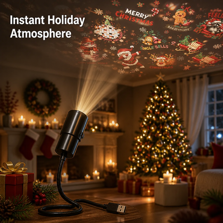 Black USB projector with a flexible gooseneck casting Christmas designs across a living room ceiling.