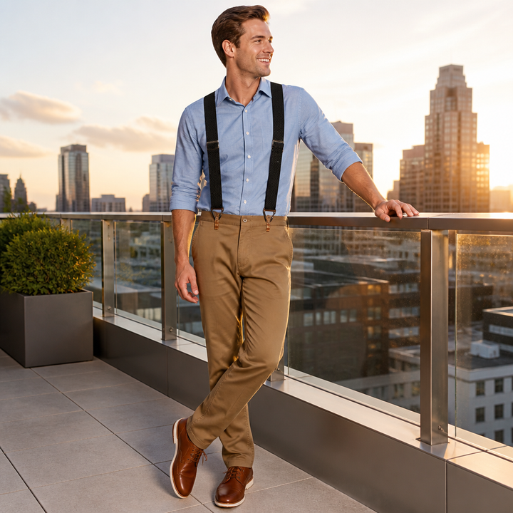 Men's black suspenders worn with a blue shirt and khaki pants.