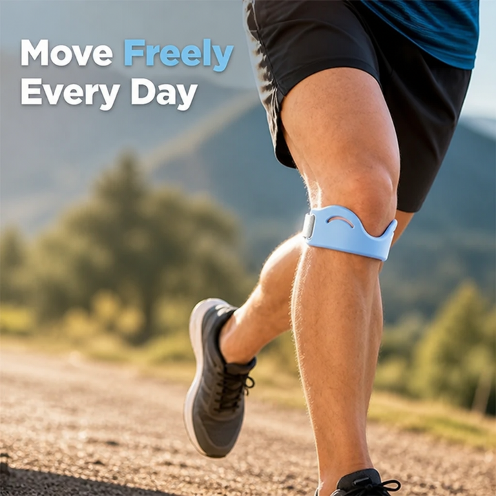 Runner on a mountain trail wears a light blue silicone knee strap just below the kneecap, shown mid-stride. 1